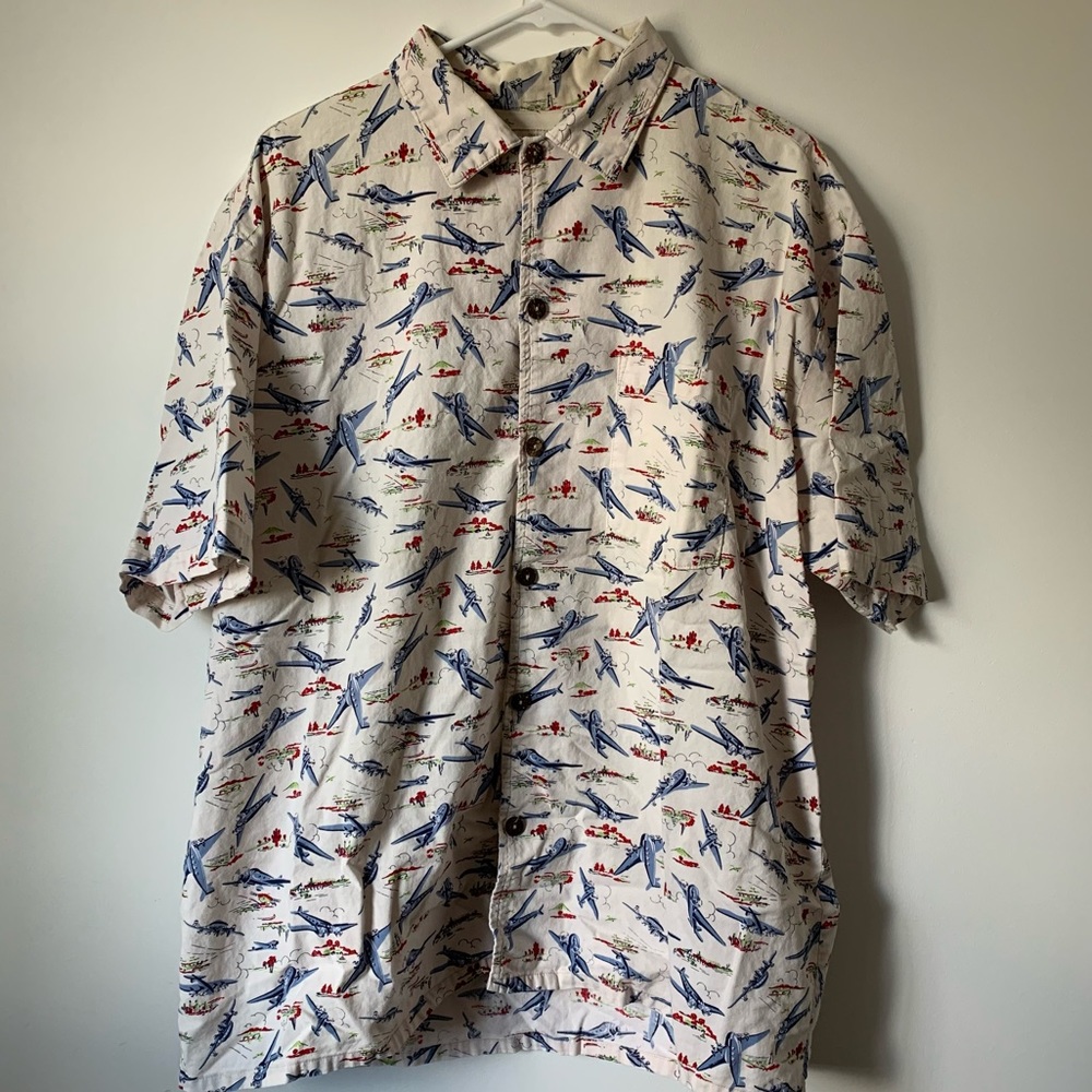 Vintage Max Boxxer Short Sleeve Cream Casual Button Up With Airplane Pattern